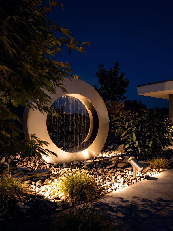 Fontaine de jardin en acier inoxydable, rideau d'eau en cercle, design contemporain