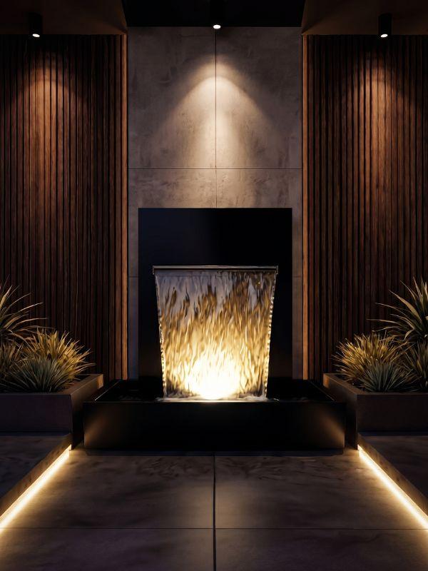 Fontaine design d'extérieur, pièce sculpturale contemporaine dans un jardin épuré