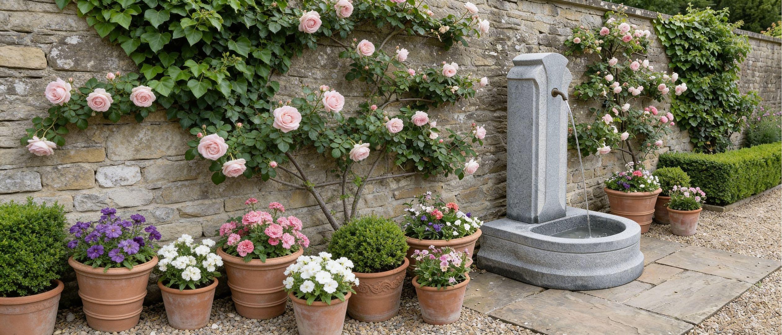 Fontaine en granit dans un jardin avec roses grimpantes et pots en terre cuite