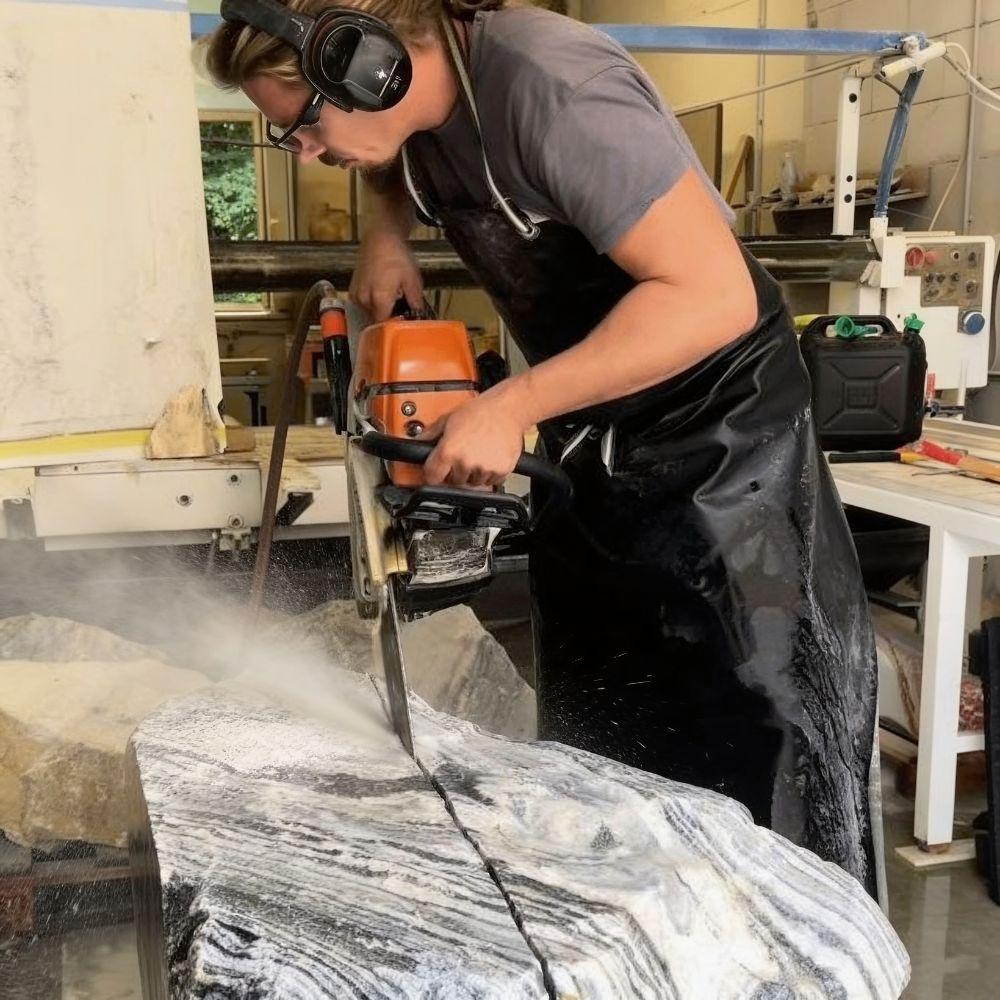 Artisan Revisage en atelier — fabrication d'une fontaine de jardin