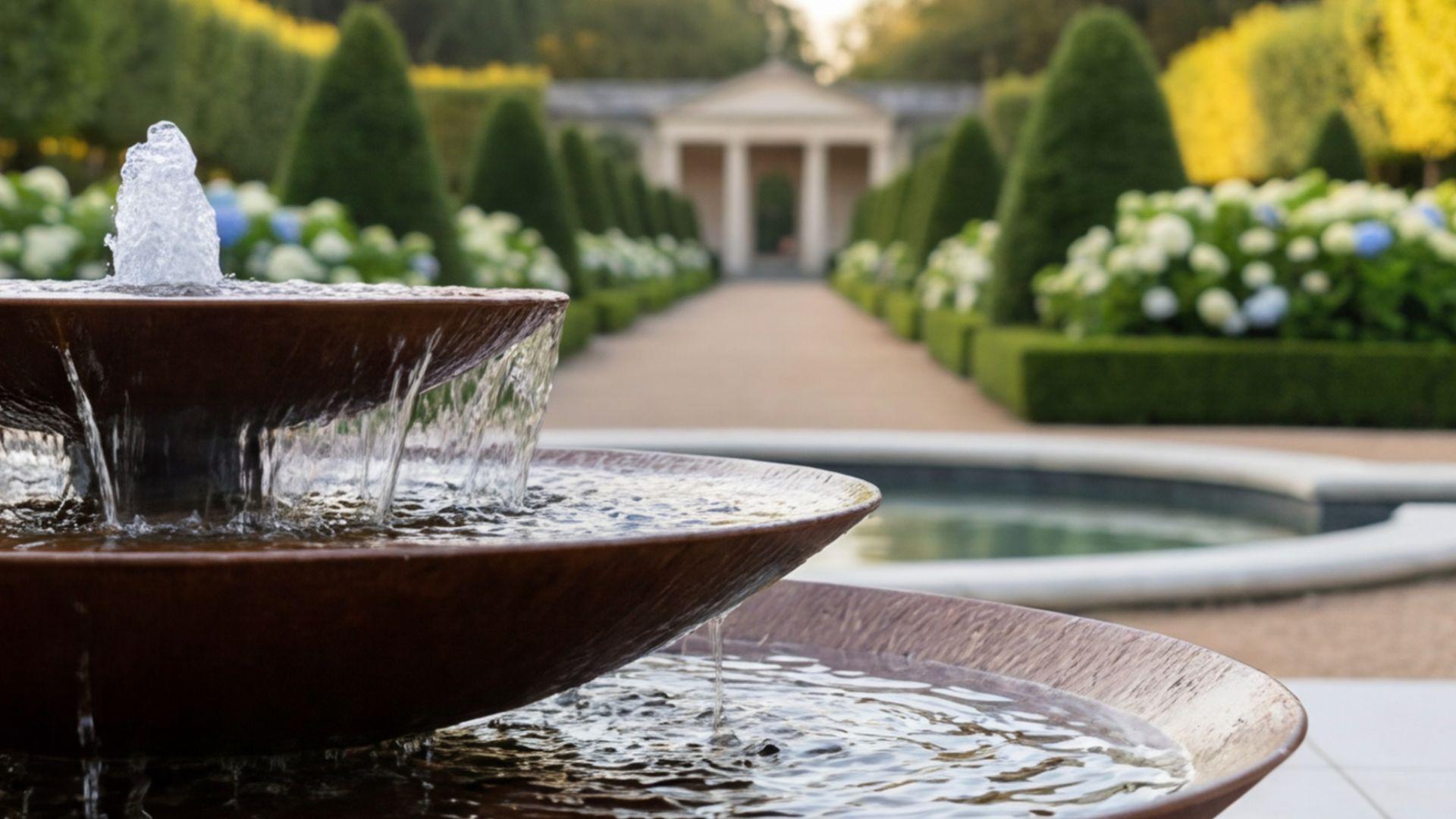 Fontaine de jardin en acier Corten à patine rouille, vue panoramique dans un jardin contemporain