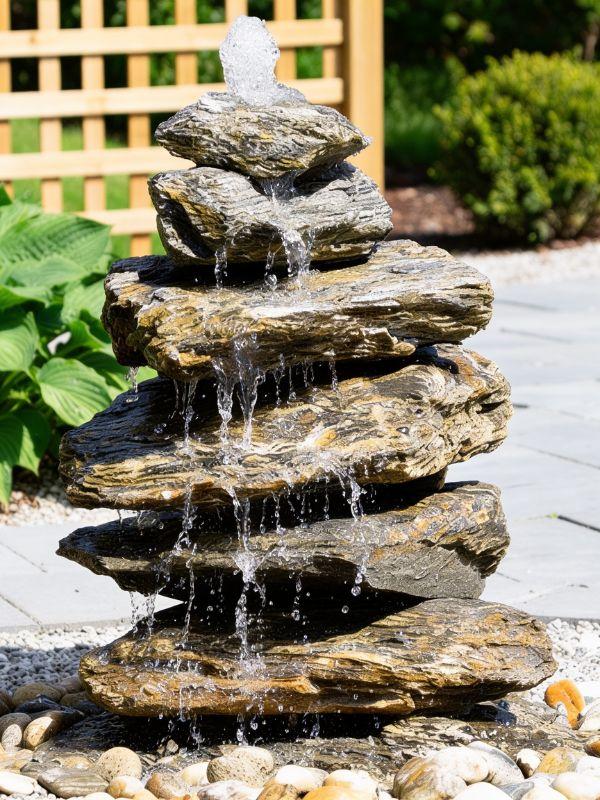 Fontaine en pierre naturelle Woodstone, pierres plates empilées d'où l'eau ruisselle dans un jardin