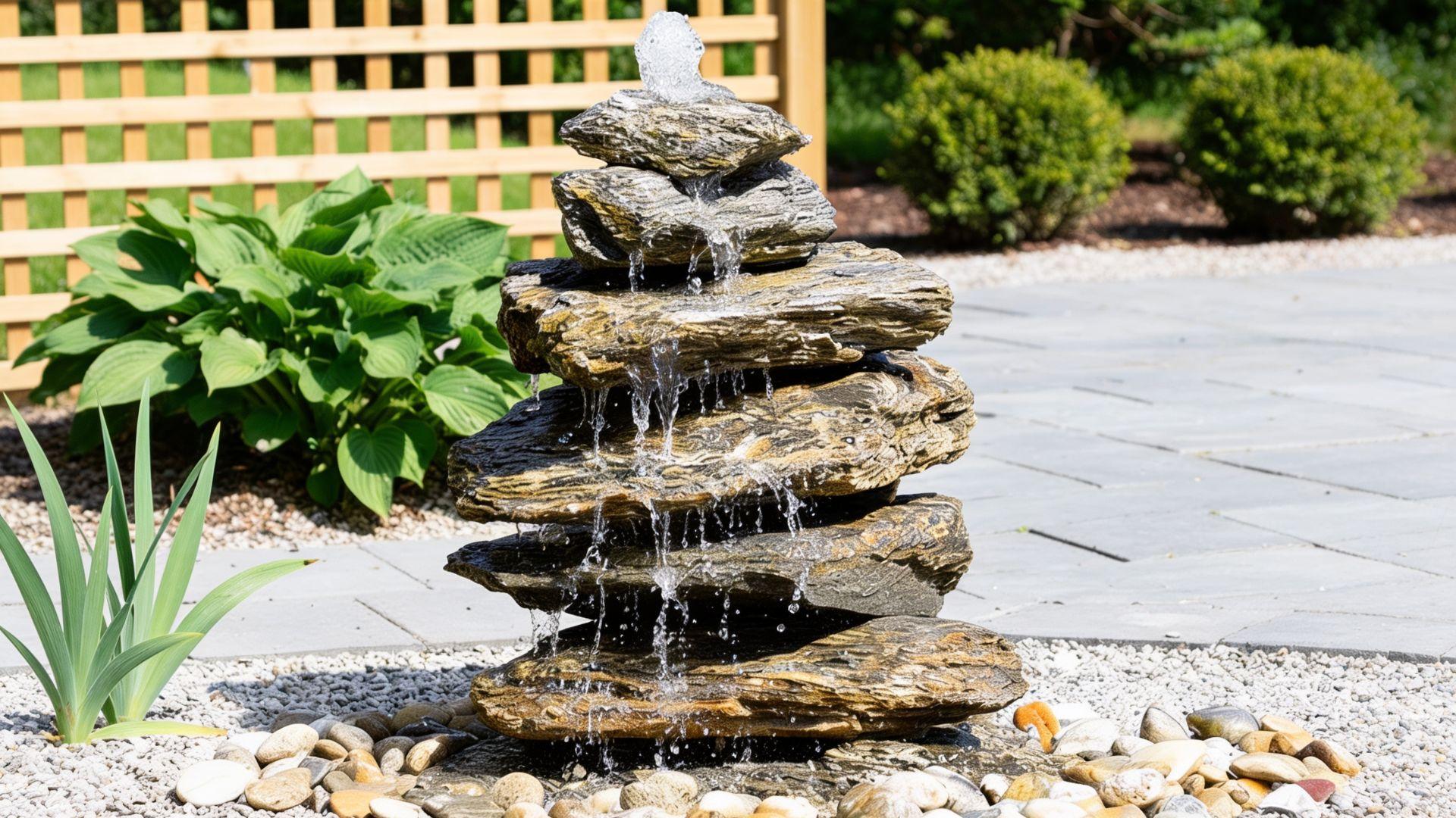 Fontaine en gneiss Woodstone, cascade de pierre naturelle d'où l'eau ruisselle dans un jardin
