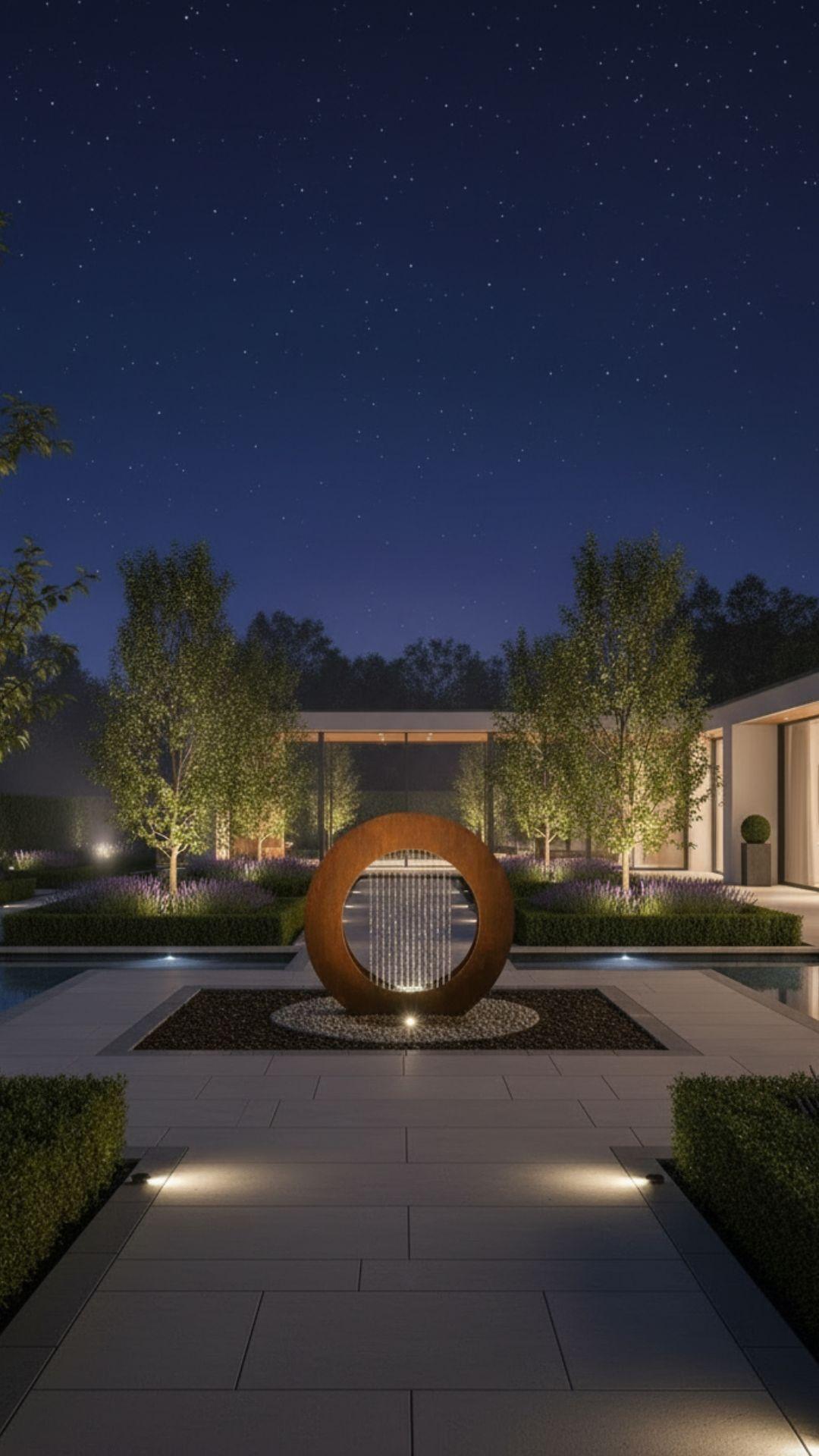 Fontaine de jardin en pierre dans un jardin méditerranéen au lever du jour, oliviers en arrière-plan
