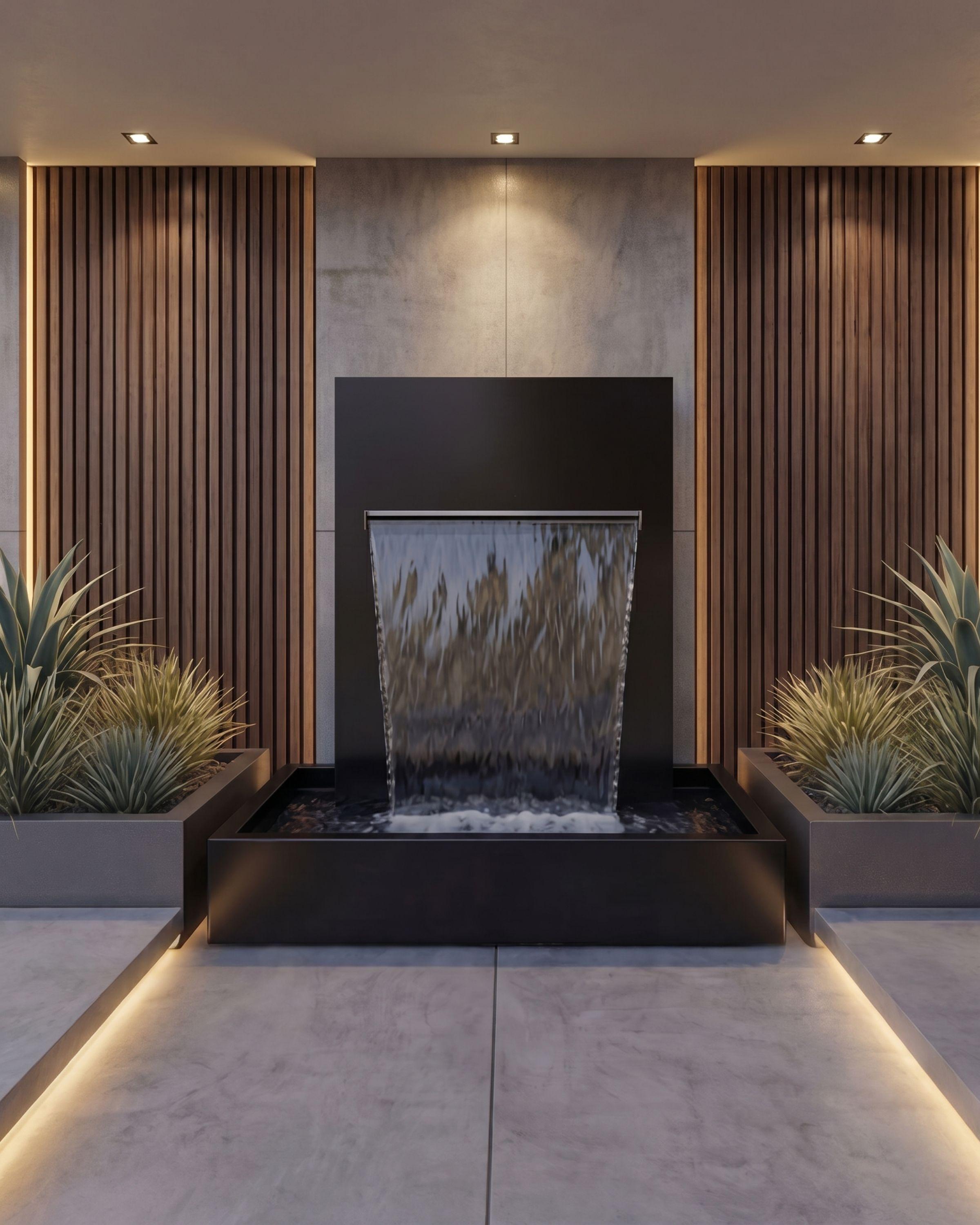 Cascade en acier inoxydable laqué noir RAL 9005, fontaine extérieure Avantgarde