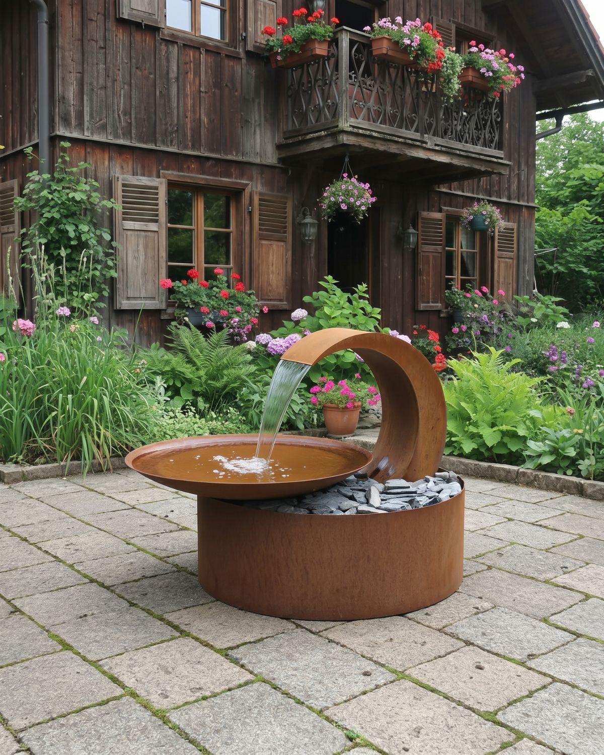 Fontaine cascade avec une vasque en acier Corten
